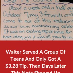 Waiter frustrated with .28 tip. Eyes go wide receiving unexpected letter days later